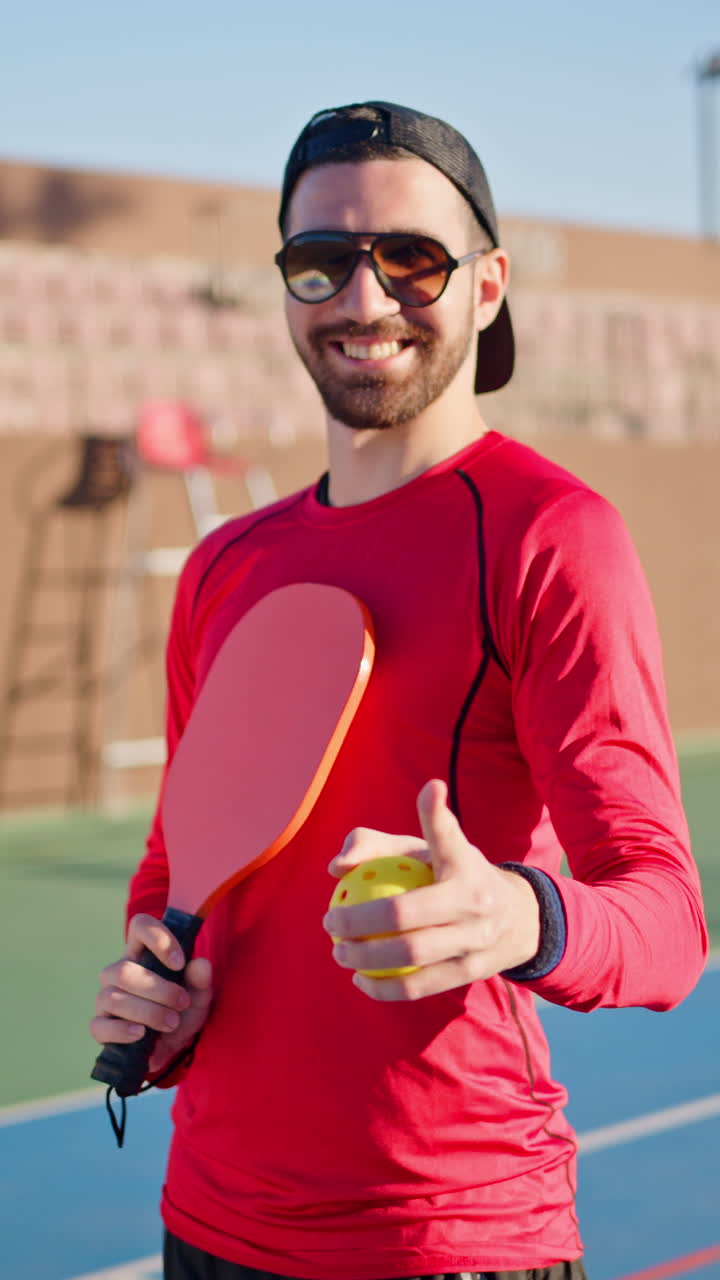 A man in a red shirt teaching how to play pickleball on a blue court on a sunny day. Vertical
