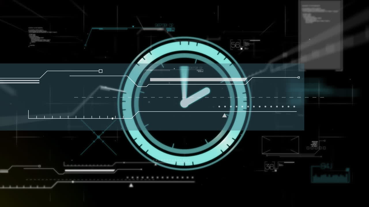 Digital animation of neon blue digital clock ticking against digital interface with data processing