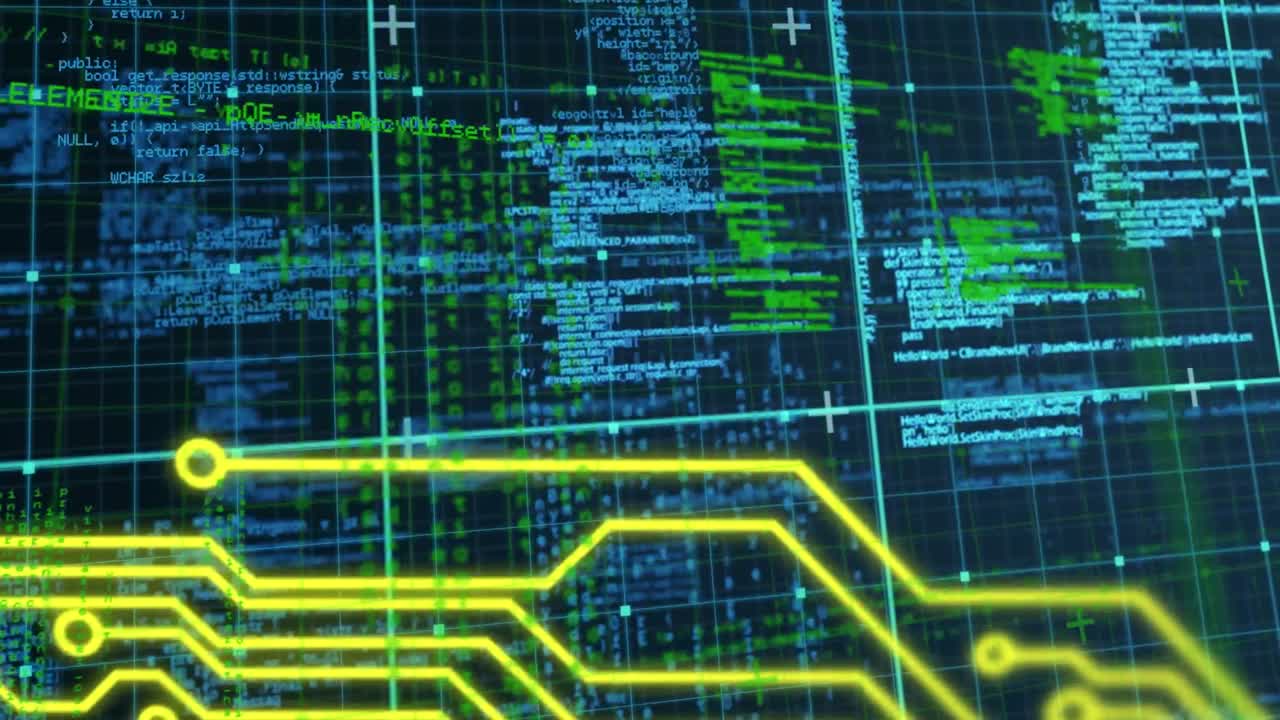 Animation of data processing and computer circuit board over grid