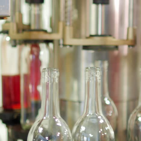 bottles of red wine move on a conveyor belt