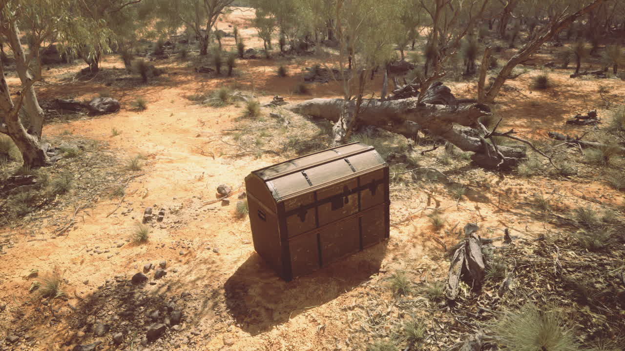 Treasure chest discovered in a remote arid landscape during midday sun