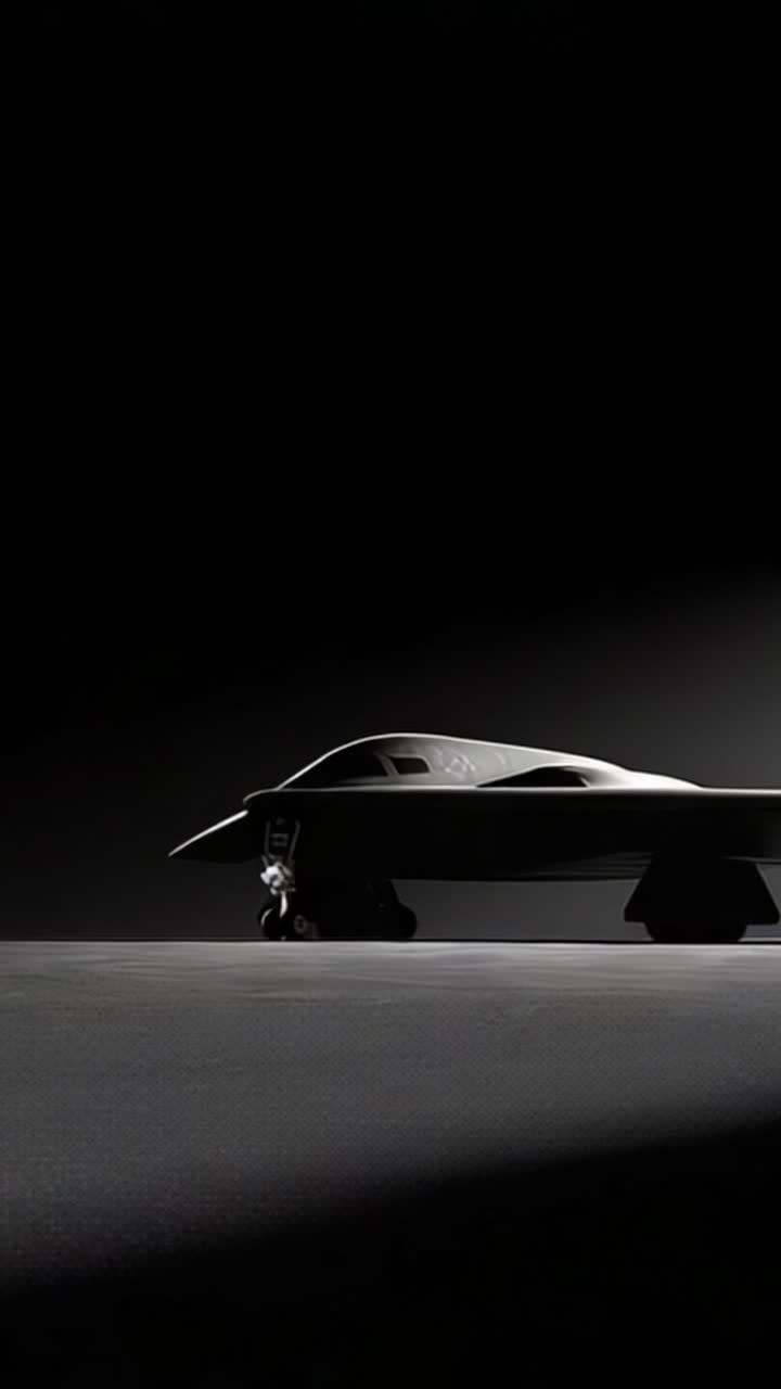 Una elegante aeronave negra se presenta con iluminación de alto contraste, destacando su diseño futurista y silueta aerodinámica, capturando la esencia de la tecnología de aviación moderna