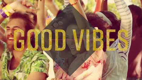 animation of good vibes text over diamond shape and people dancing at party in background