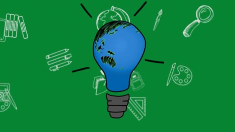 animación de una bombilla encendida con el planeta tierra e iconos escolares sobre un fondo verde
