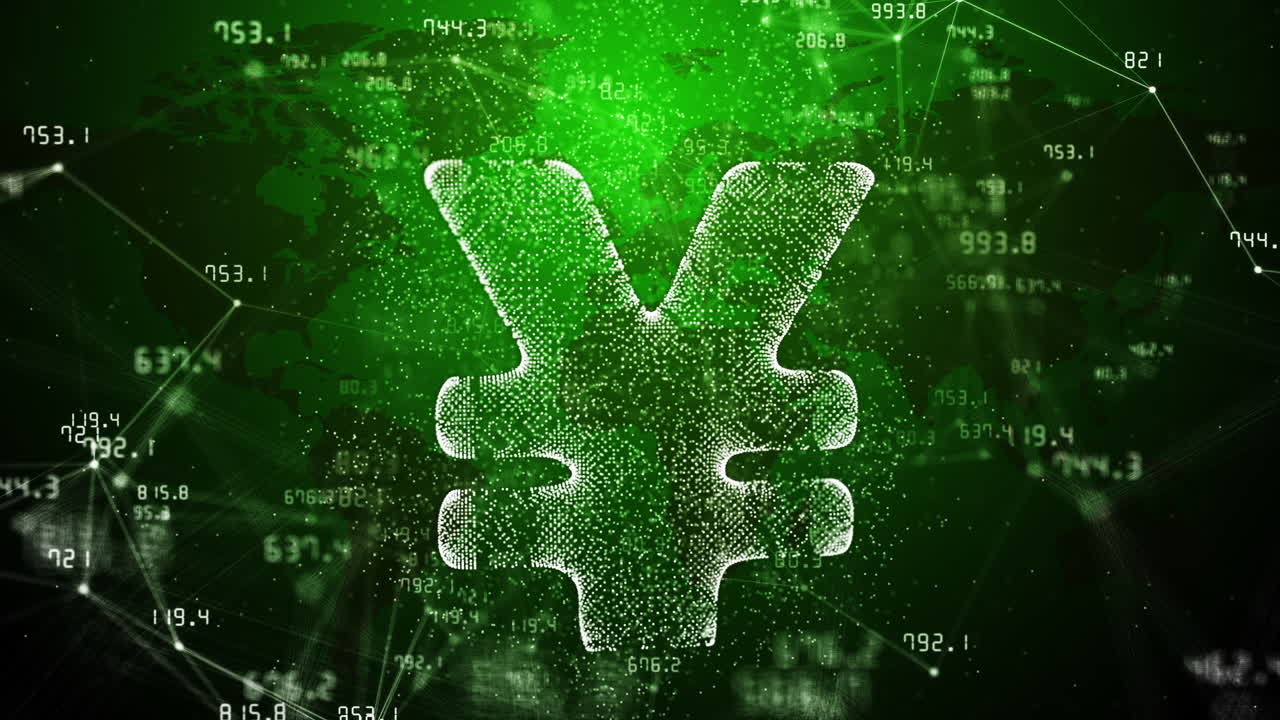 3D hologram of japanese yen icon on green background with plexus lines and dots. Values of financial indicators of stock exchange are constantly changing. Abstract space motion graphics.