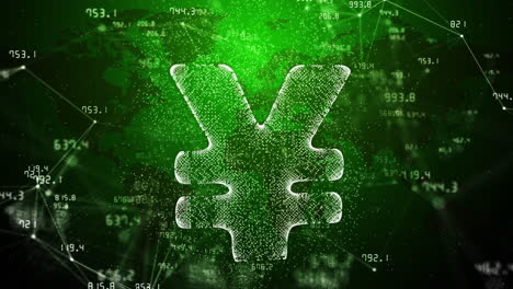 3d hologram of japanese yen icon on green background with plexus lines and dots. values of financial indicators of stock exchange are constantly changing. abstract space motion graphics.