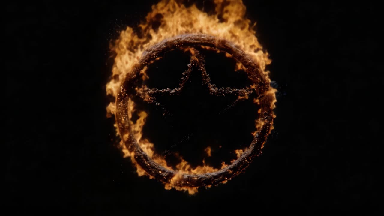 Dynamic Flames Forming a Fiery Star Within a Circular Ring, Captivating the Viewer with an Enchanting Display of Light and Movement Against a Dark Background