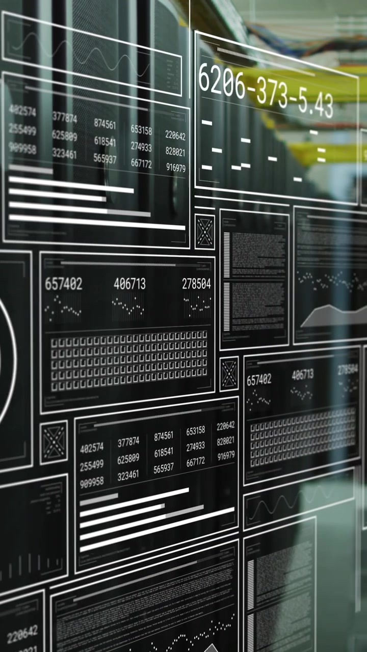 Animation of interface with data processing against empty computer server room