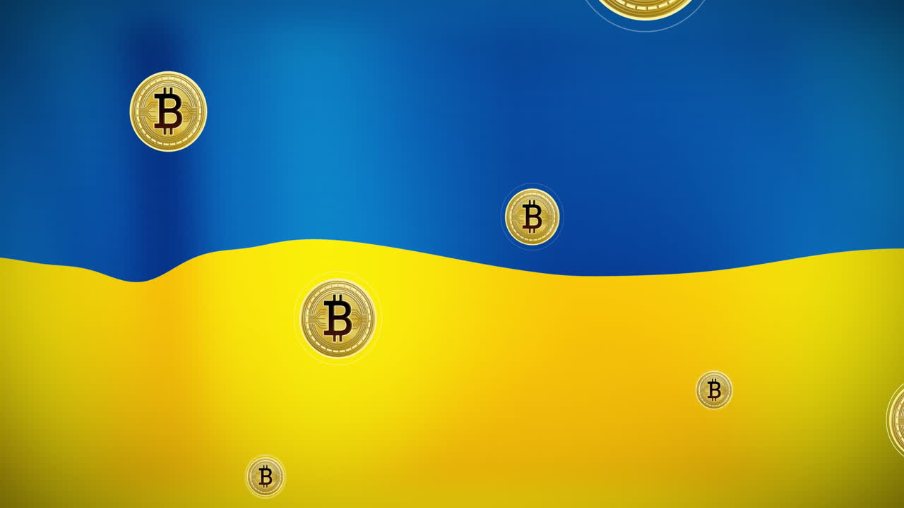 Animace bitcoinových symbolů nad ukrajinskou vlajkou