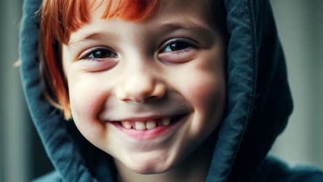 a little girl with red hair smiling in a blue hoodie