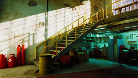 old rusty warehouse interior with a metal staircase