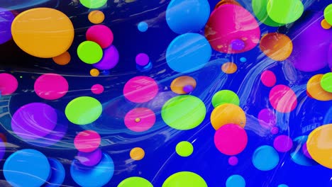 abstract looped background of shiny glossy surface like wavy blue liquid with rainbow color circles float like drops of paint in oil. beautiful creative background with color gradient in 4k. 3d