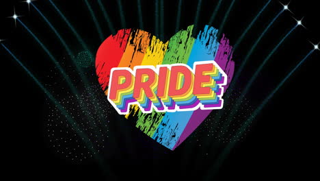 animación de texto de orgullo y corazón arco iris y fuegos artificiales explotando sobre fondo negro.