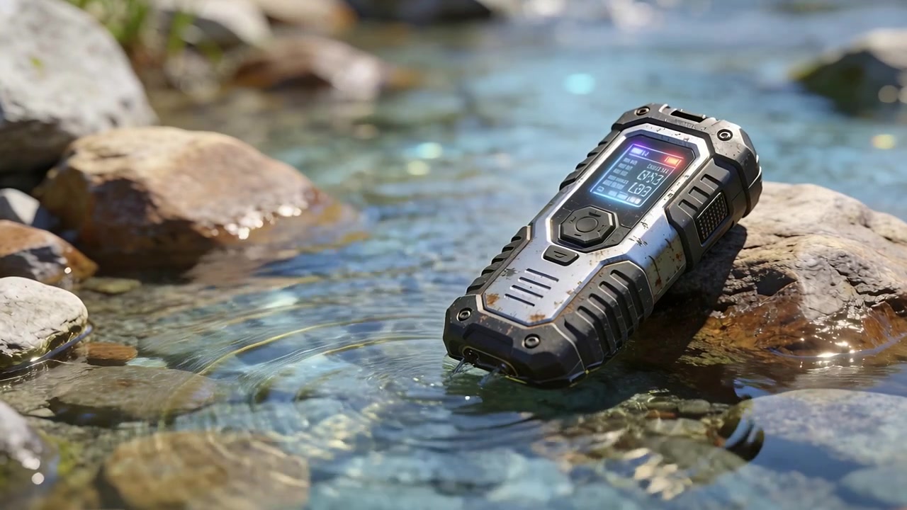 Dispositivo portatile robusto appoggiato su una roccia di fiume, con schermo LCD illuminato, che si immerge nel ruscello, creando increspature.