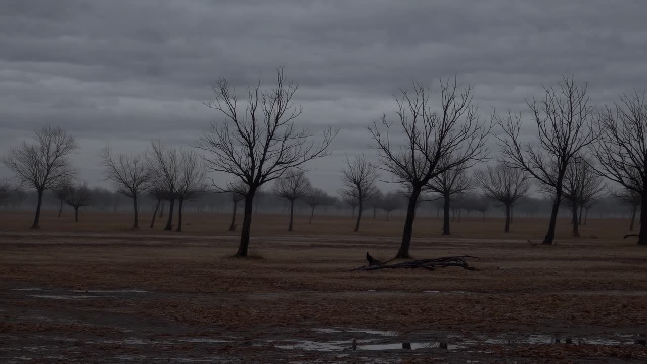 Gloomy and evocative landscape showing leafless trees scattered across misty fields under a dark, cloudy sky, evoking a sense of melancholy and solitude in nature