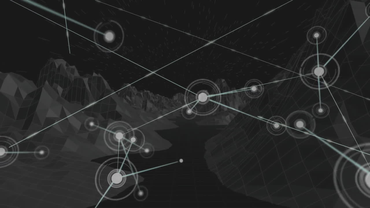 Glowing circular nodes pulsing along bright network lines across wireframe mountains in 3D render