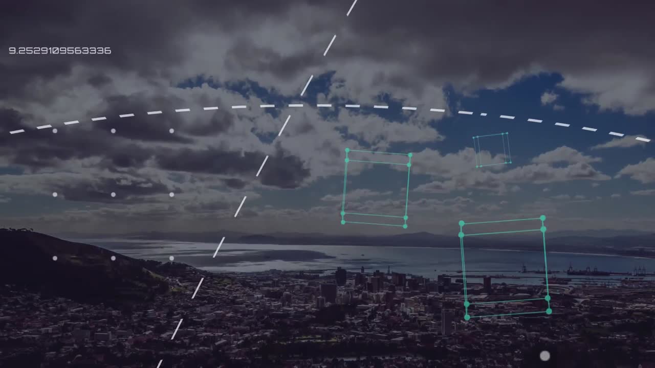 도시를 배경으로 한 기하학적 모양의 애니메이션