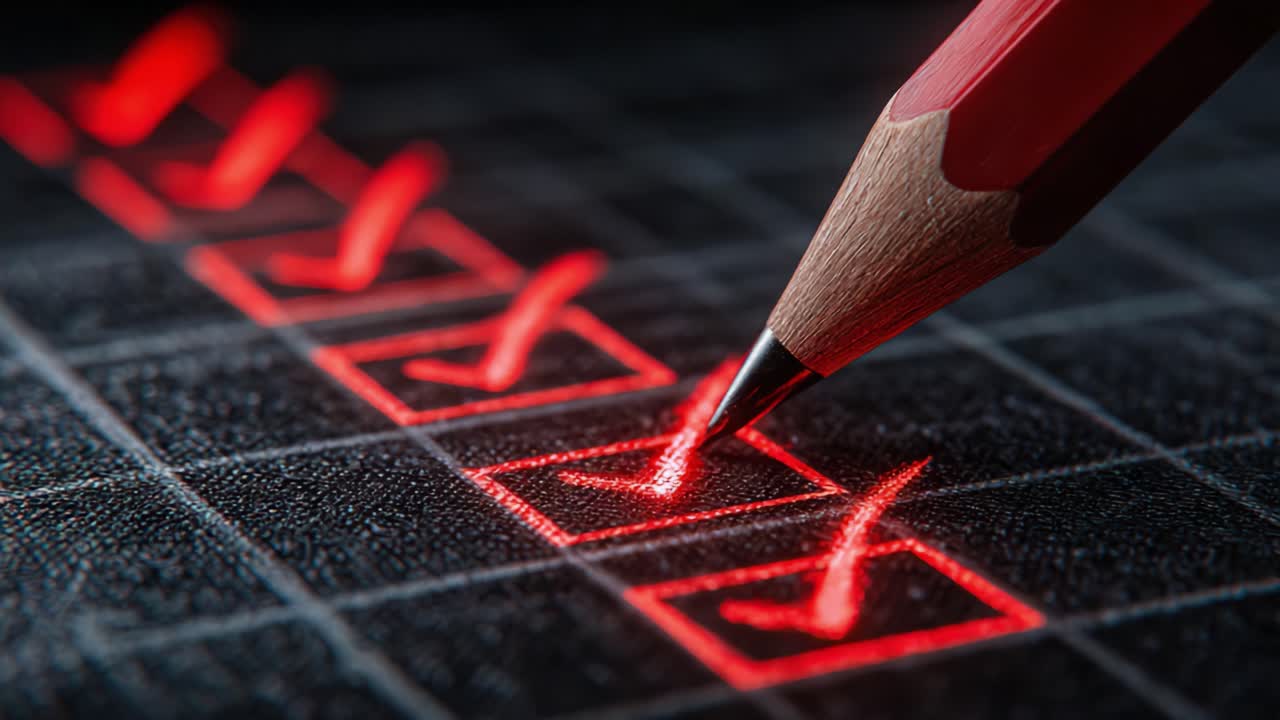 A Close-Up View of a Red Pencil Marking Checkboxes with Glowing Red Highlights Against a Dark Textured Background, Illustrating a Completing Task Concept