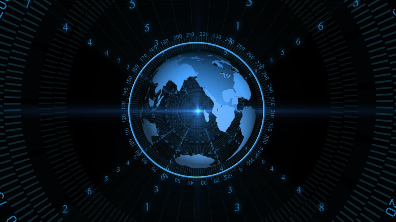 Animation of data processing and globe on black background