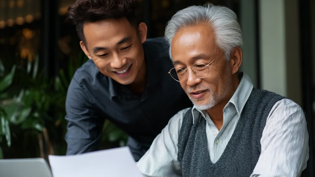 A heartwarming moment showcasing intergenerational collaboration between a young man and an older gentleman as they engage with documents, promoting knowledge sharing and mentorship in a modern environment