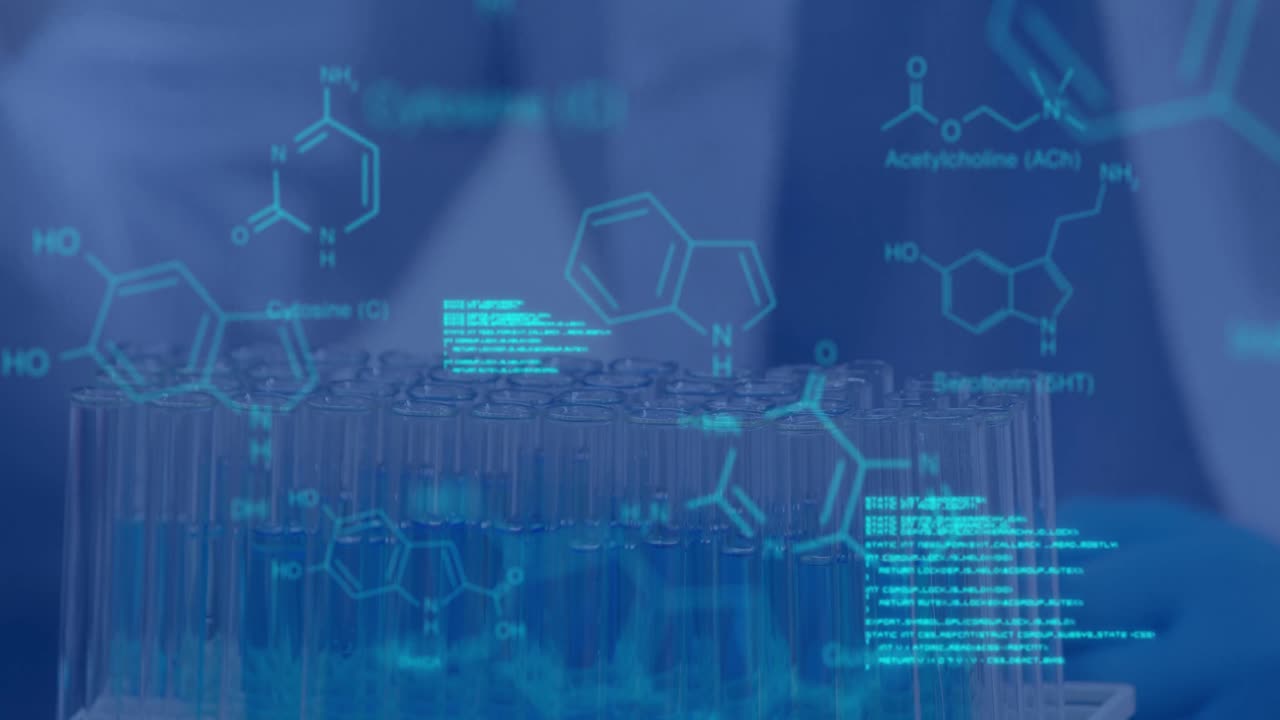 animación del procesamiento de datos y la fórmula química sobre el científico