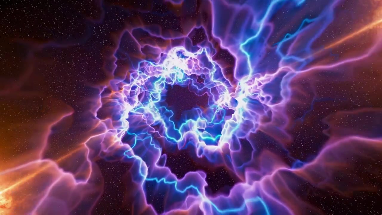 Tunnel energetico astratto dinamico con plasma luminoso e stelle
