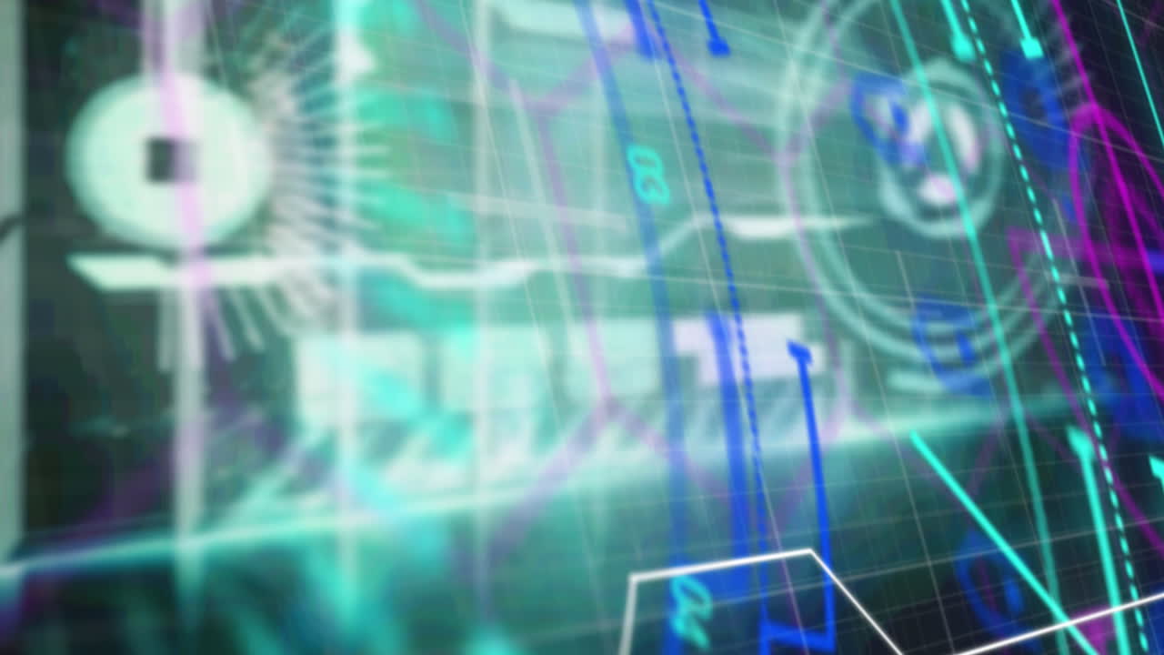 scanner rotondo al neon che gira contro l'interfaccia digitale con elaborazione dei dati su sfondo verde