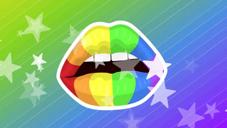 Animation of floating stars and rainbow lips over moving rainbow background