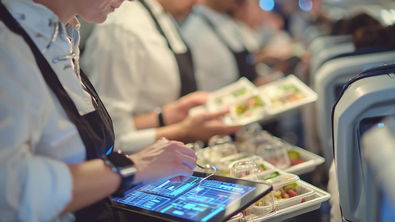 フライトアテンダントが、忙しいフライト中にタブレットを使って食事を提供しています。