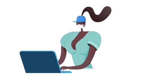 un trabajador africano en cuarentena se sienta en una computadora y escribe en el teclado, quedándose en casa con autocarentena.