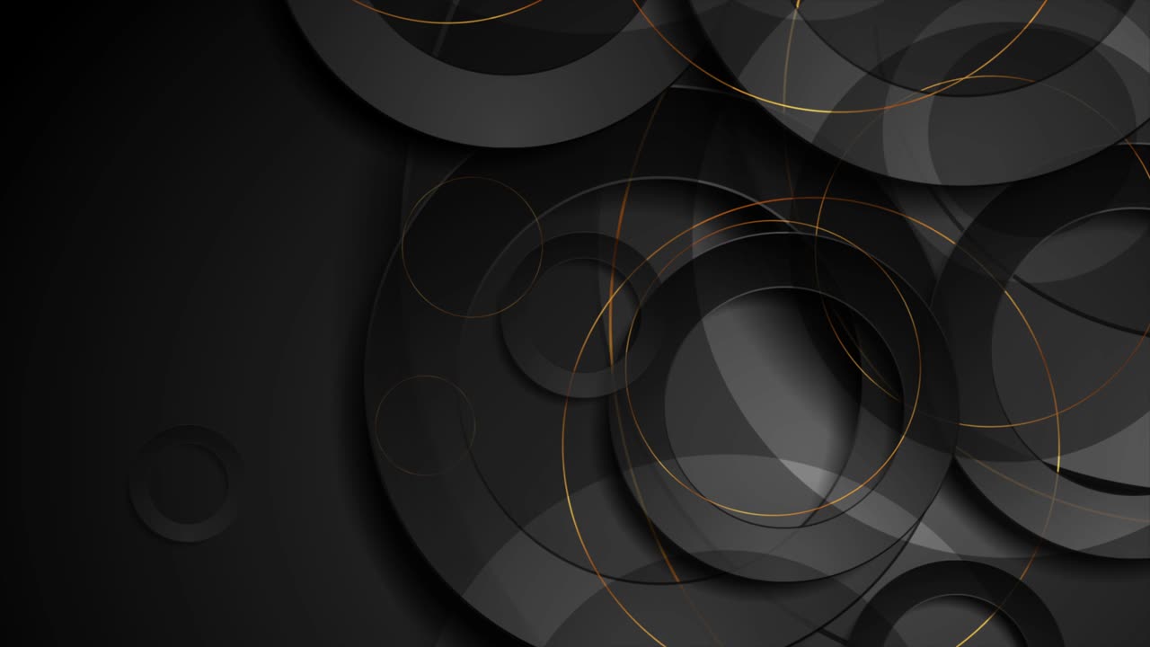 추상적인 황금색과 검은색 원을 가진 어두운 기하학적 운동 배경