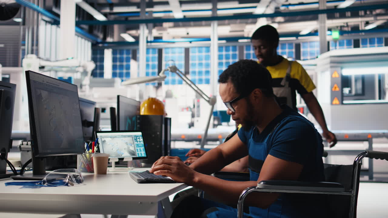 Vertical Video Black engineer with disability works on manufacturing solar panels