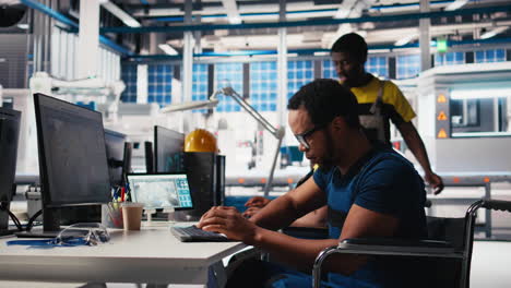 vertical video black engineer with disability works on manufacturing solar panels