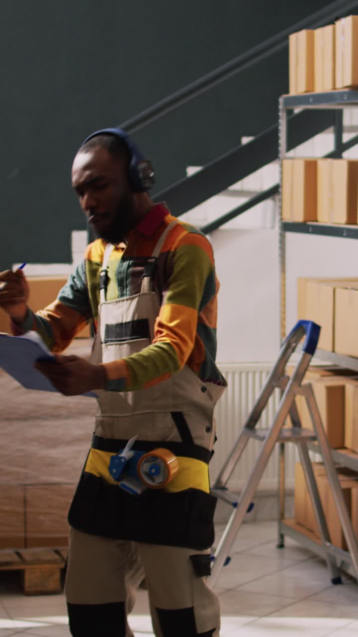 Video verticale: lavoratore che ascolta musica in un magazzino