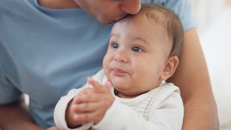 Father,-baby-and-kiss-in-home-for-love