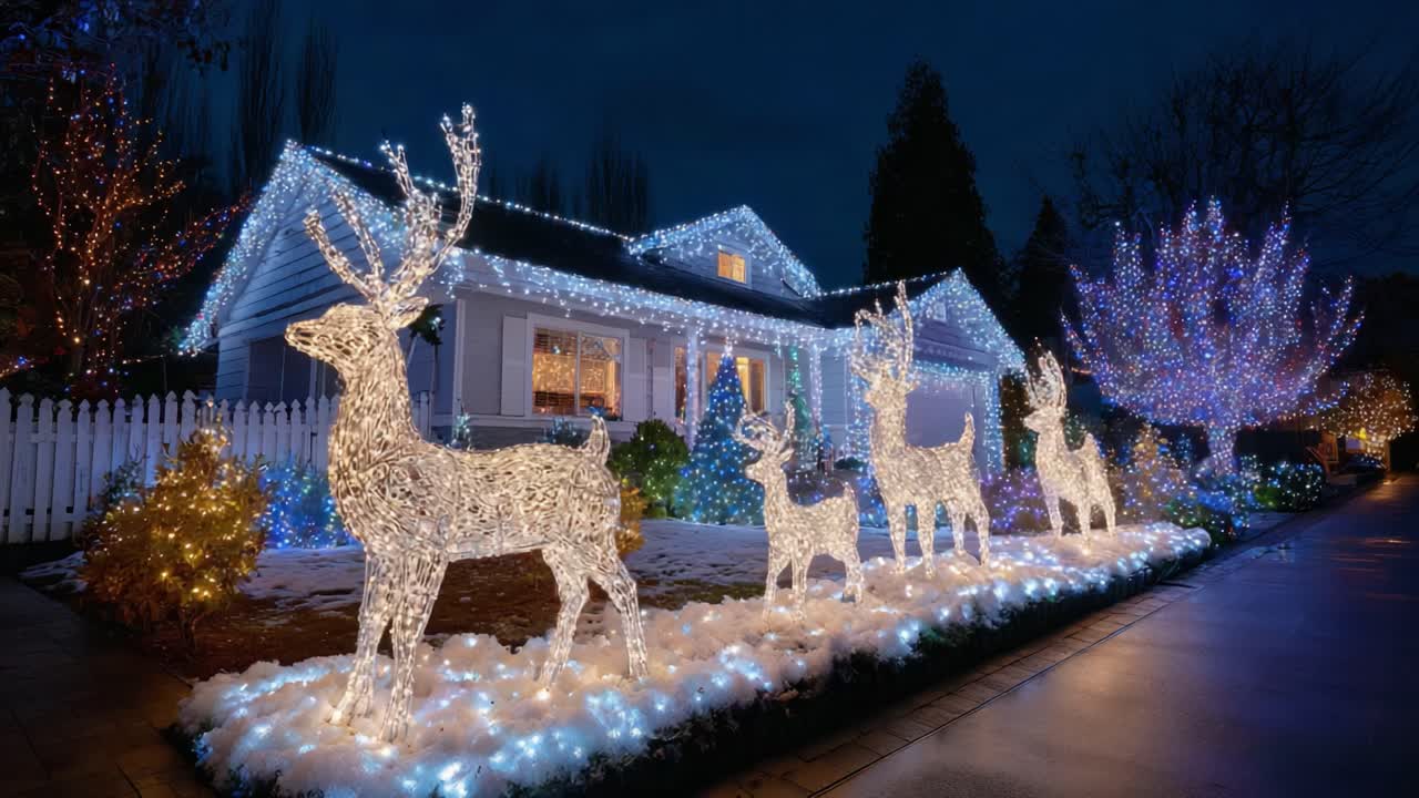 A Beautifully Illuminated Home During the Festive Season Featuring Stunning Reindeer Figures and Twinkling Lights in a Magical Winter Landscape