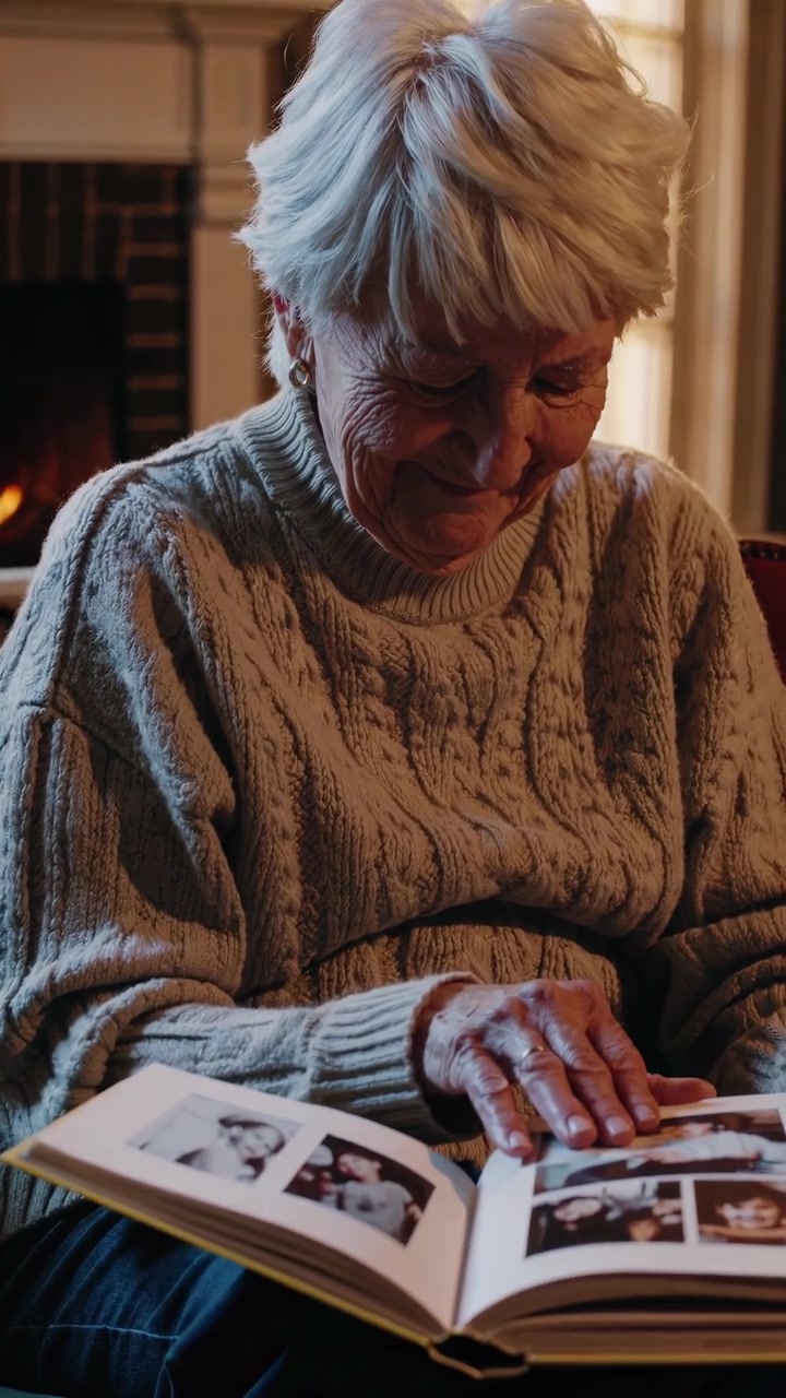 Happy Senior Woman Reminiscing with Photo Album by a Warm Fire