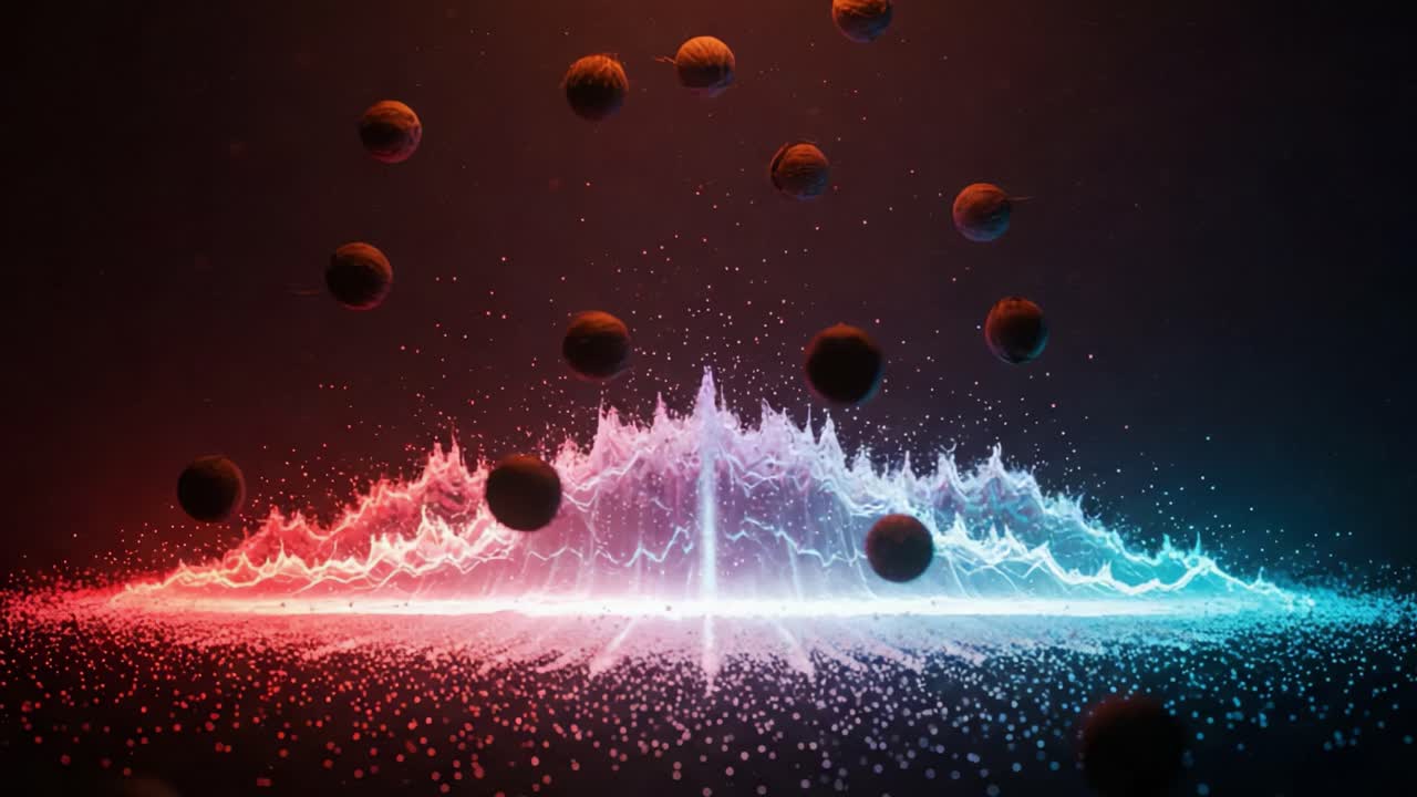 A Stunning Visualization of Sound Waves with Dynamic Elements: An Artistic Representation Highlighting the Interplay Between Vibrant Colors and Energetic Particles