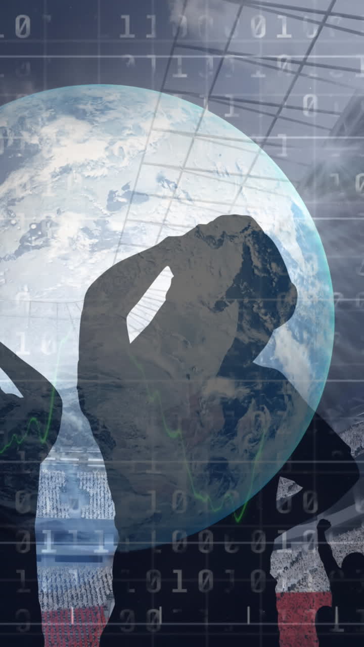 전 세계와 스타디움의 스포츠 팬들에 대한 그래프 및 데이터 처리 애니메이션