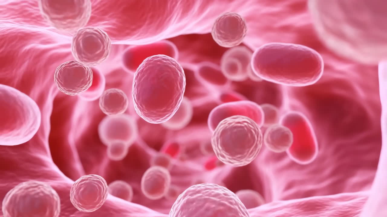Closeup Flowing Red Blood Cells Inside Vessel, Vibrant Pink Plasma, Drifting Erythrocytes And Platelets,