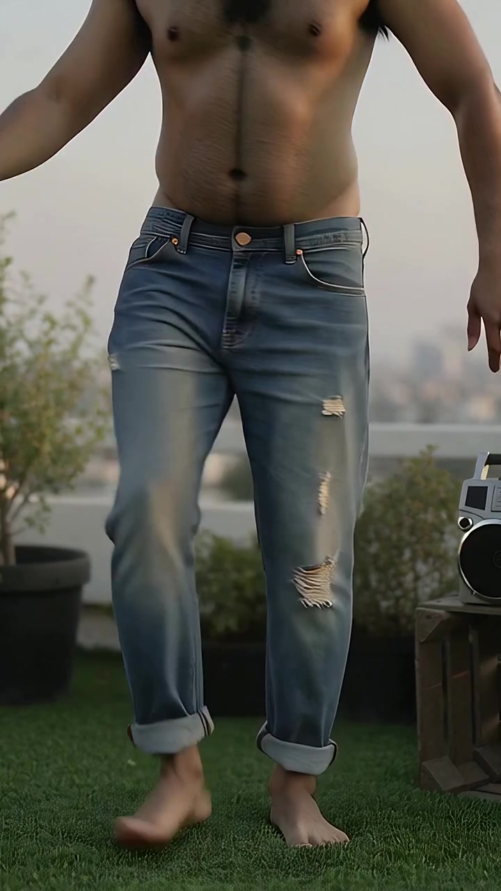 Vídeo vertical: Homem sem camisa de calça jeans dançando, girando em um terraço ao som de música com uma caixa de som