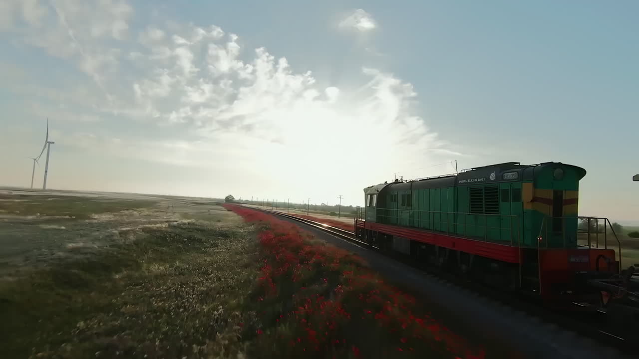 해가 뜨는 시골 풍경을 지나가는 열차