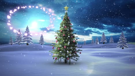 Decorative-shining-lights-against-snowflakes-falling-over-christmas-tree-on-winter-landscape