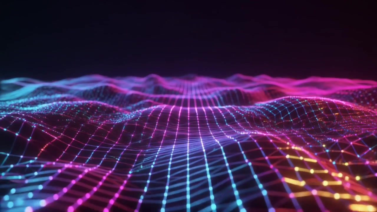 Abstrakt digital gitterbølge med neonrosa og blå lys