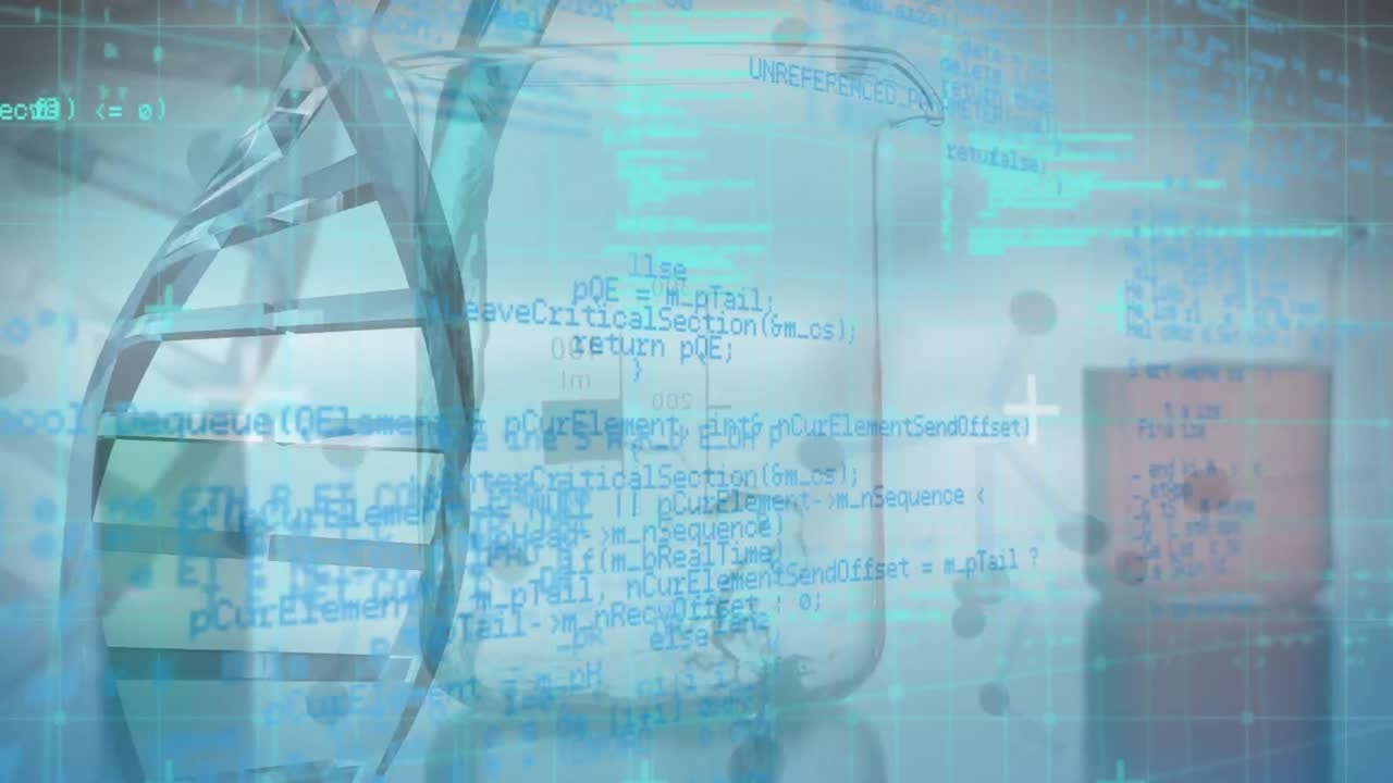 분자 및 dna 구조의 애니메이션 데이터 처리를 통해 화학 물질을 컵에 부어 넣는 것에 대항합니다.