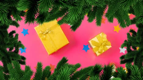 animación del marco del árbol de abeto de navidad sobre regalos en fondo rosa