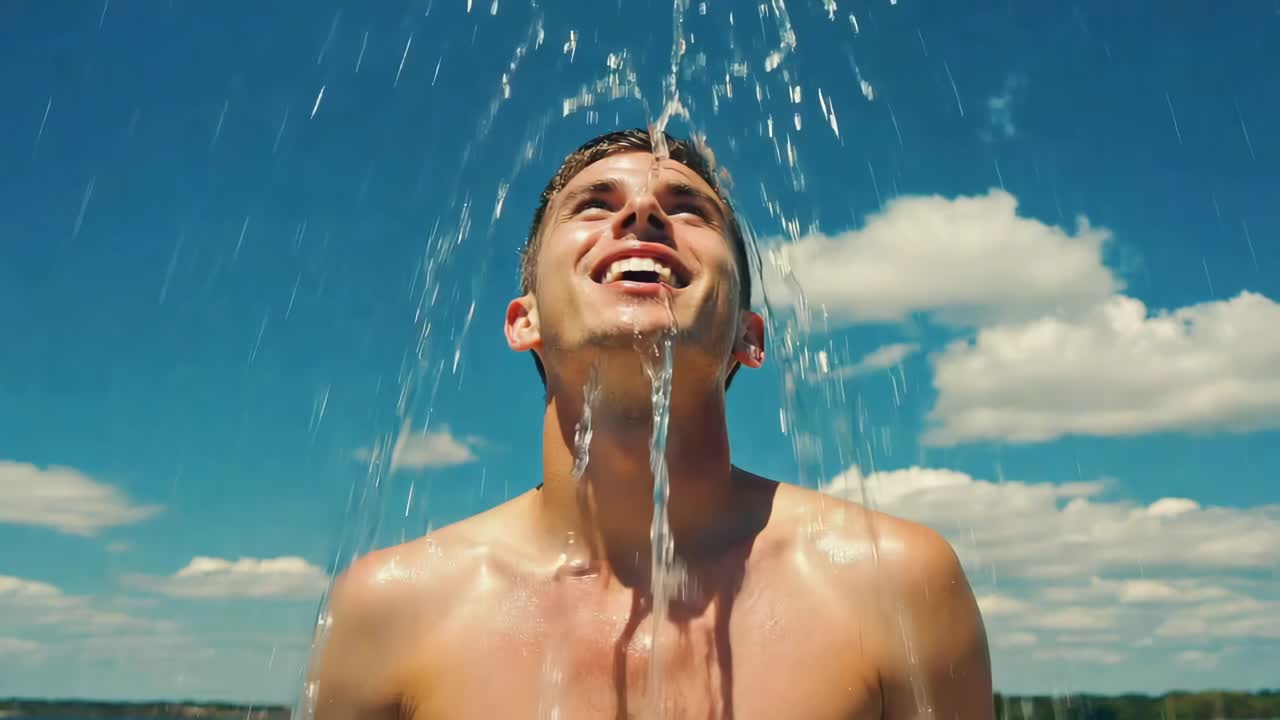 Hombre salpicado con agua bajo un cielo azul brillante