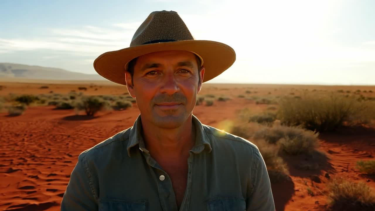 hombre sonriente con un sombrero explorando el desierto