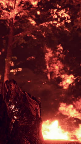 a tree burning in a forest fire at night