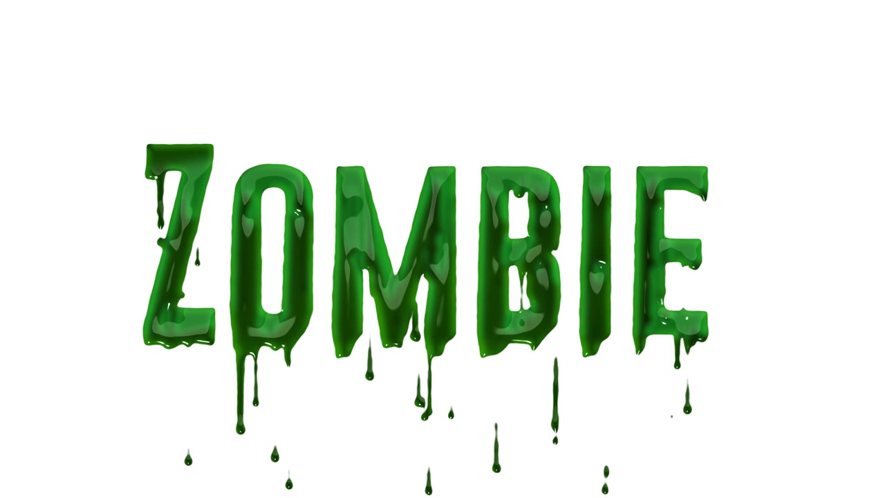 Festlig turkis ZOMBIE-tekst med dryppende malingseffekt til uhyggeligt feriedesign.